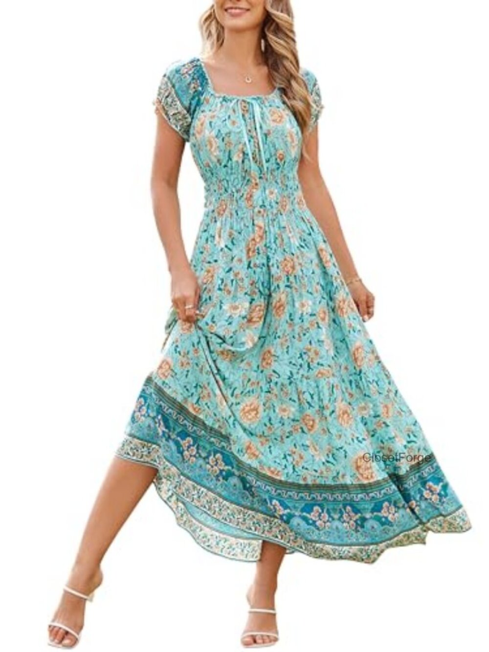 Boho Floral Maxi Dress 100% Rayon Ruffled Off-Shoulder A-Line Peasant